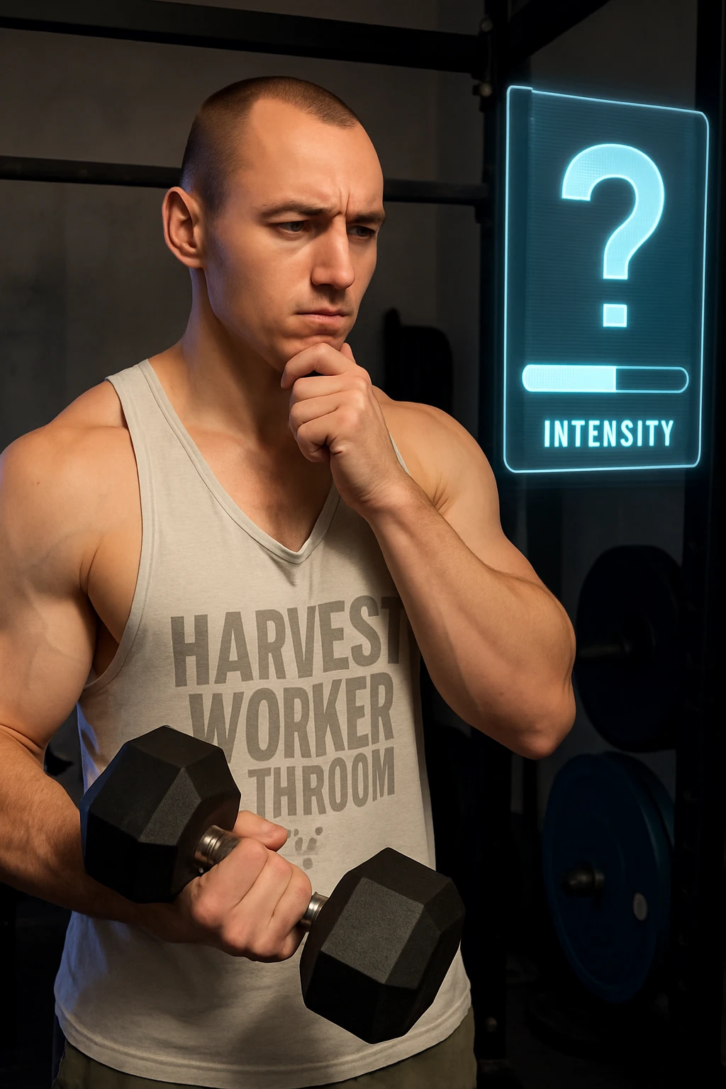 Realistic vertical image of a man in a gym, with face and physique identical to the reference photo, holding a dumbbell and looking at a digital display with an intensity bar halfway and a question mark. Thoughtful expression, realistic environment. emoji