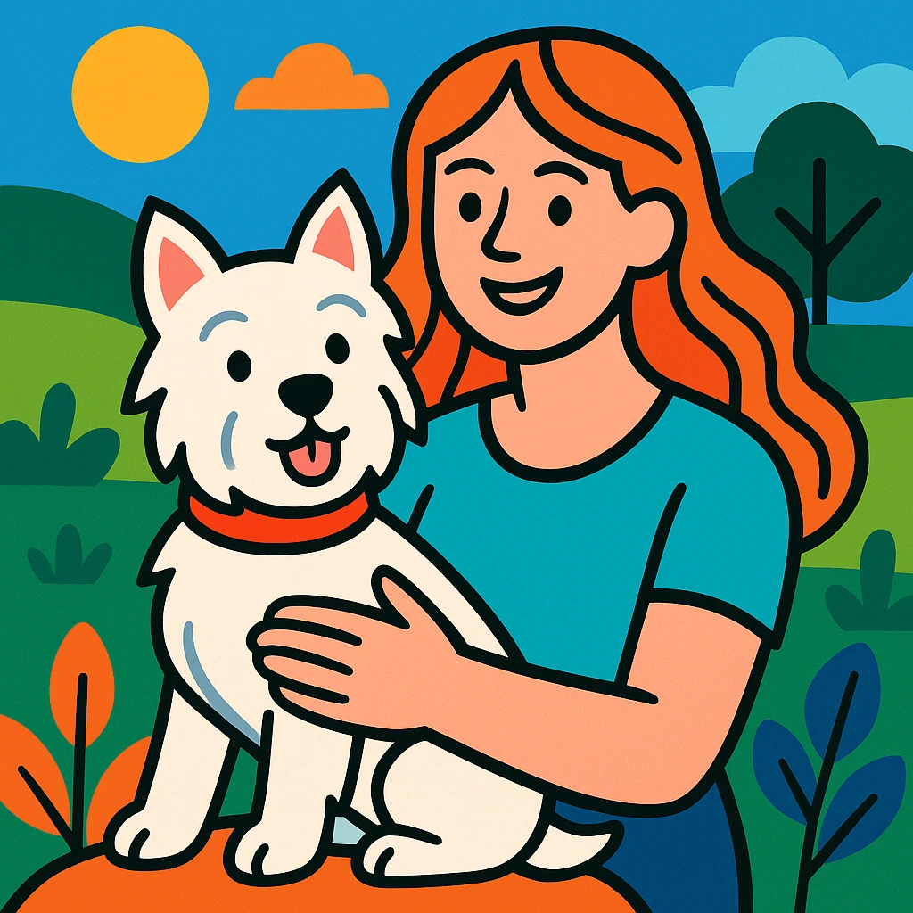 red headed woman with a Westie dog, vibrant and friendly scene emoji