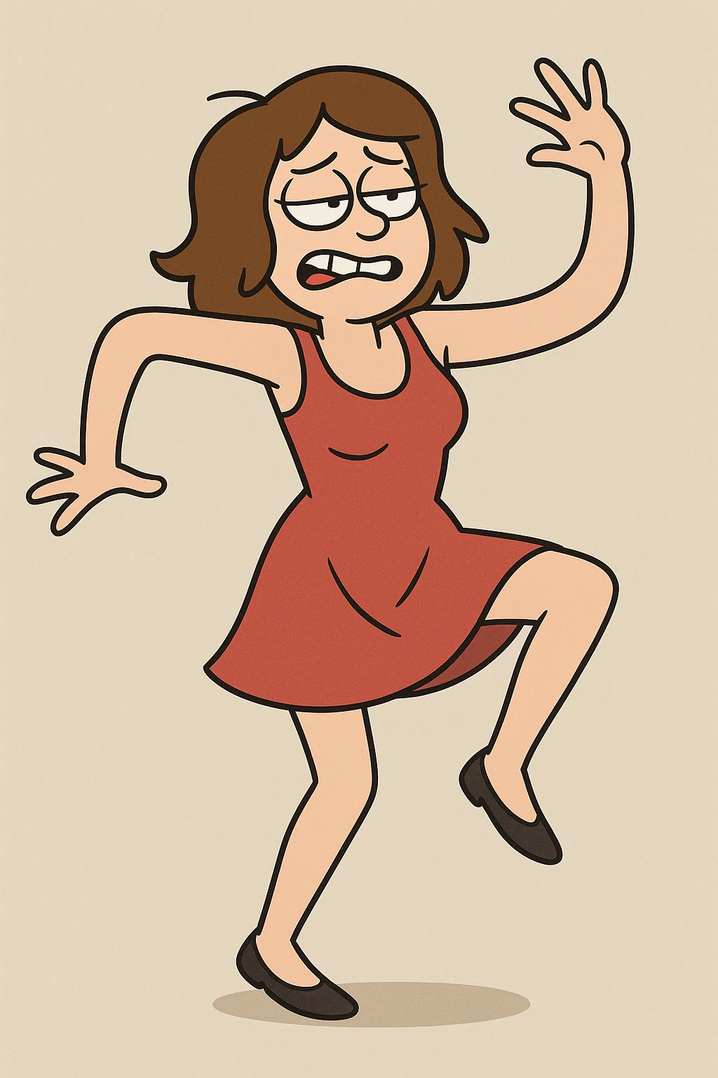 woman in a red dress with clumsy dance moves, humorous, lively, plain background emoji