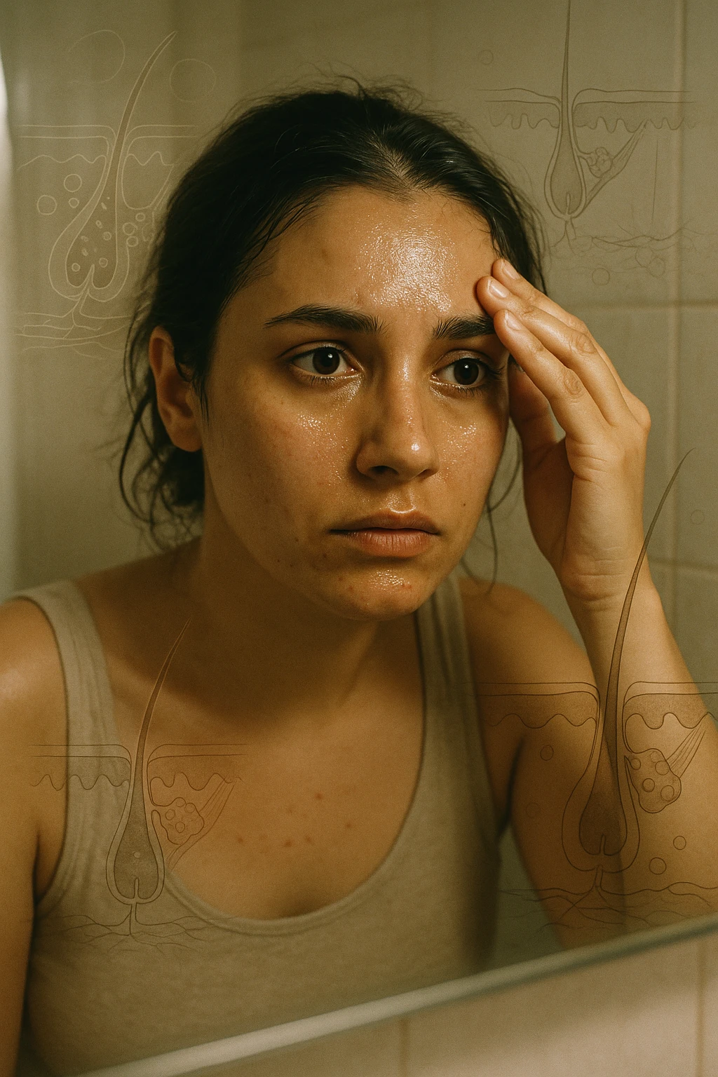 A realistic, cinematic portrait of a young woman in her late 20s with medium skin tone, sitting in front of a mirror in a softly lit bathroom. Her facial skin appears oily with a noticeable shine on her forehead, nose, and cheeks due to overactive sebaceous glands caused by PCOS. Small acne spots are visible along her jawline and chin, highlighting hormonal imbalance. She gently touches her forehead with her fingertips, checking the oiliness with a slightly concerned expression. Her dark hair is tied loosely, showing a few strands sticking to the sides of her face because of excess sebum. Subtle overlays of scientific diagrams of sebaceous glands can be softly blended into the background, symbolizing the overproduction of sebum. The atmosphere is clean and realistic, with warm daylight tones and a soft depth of field, ensuring emotional connection while maintaining medical educational value. 35mm film style, highly detailed skin texture and reflections on the oily areas for a hyperrealistic effect in italiano emoji