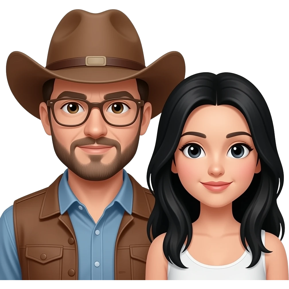 Vaquero con sombrero, güero y con barba cerrada, con su novia de cabello largo negro y ojos negros. emoji