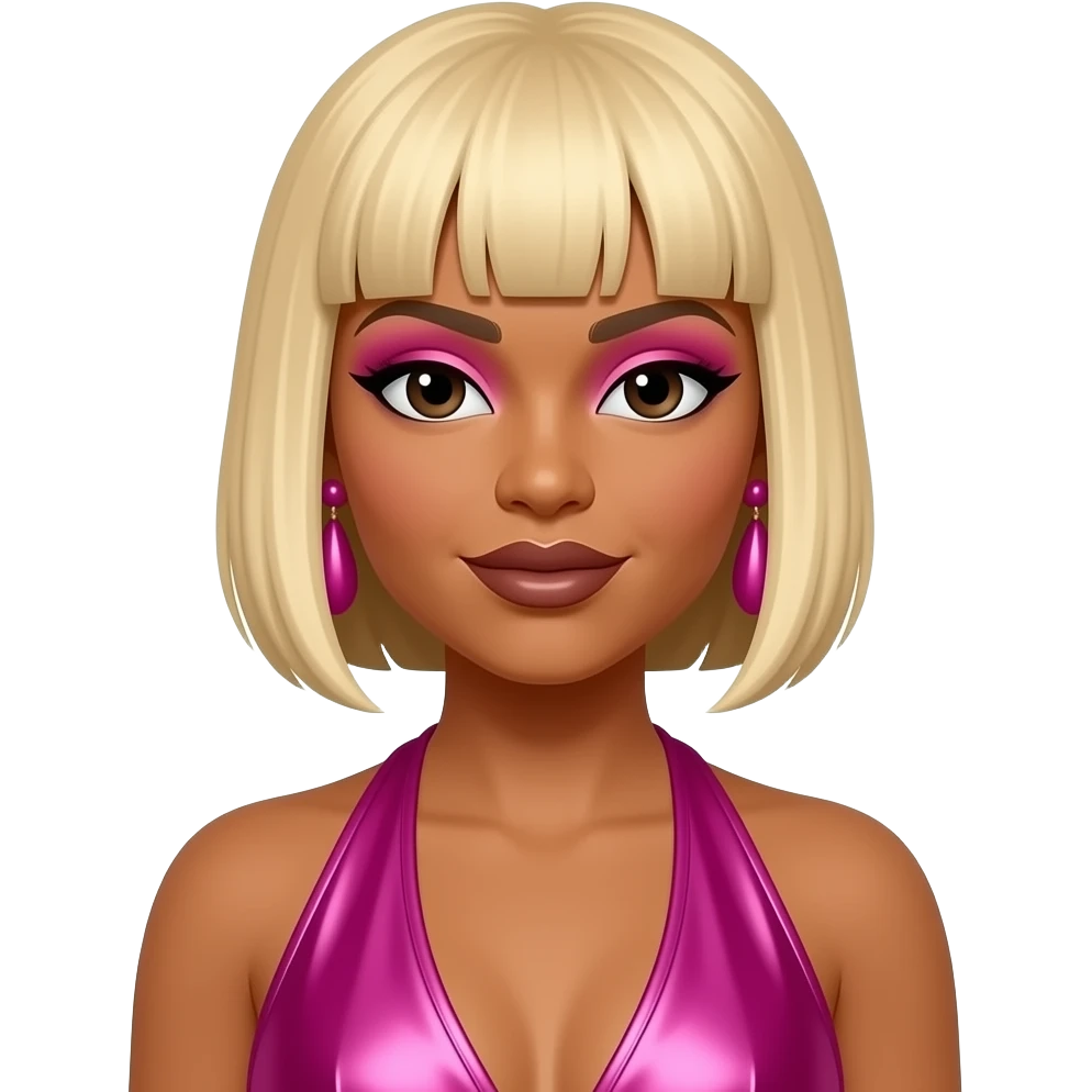 Tionne T-Boz Watkins from TLC with dark brown eyes, blonde mushroom cut hair with long sideburns, pink eyeshadow, dark brown lipstick, hot pink metallic halter dress, pink earrings emoji