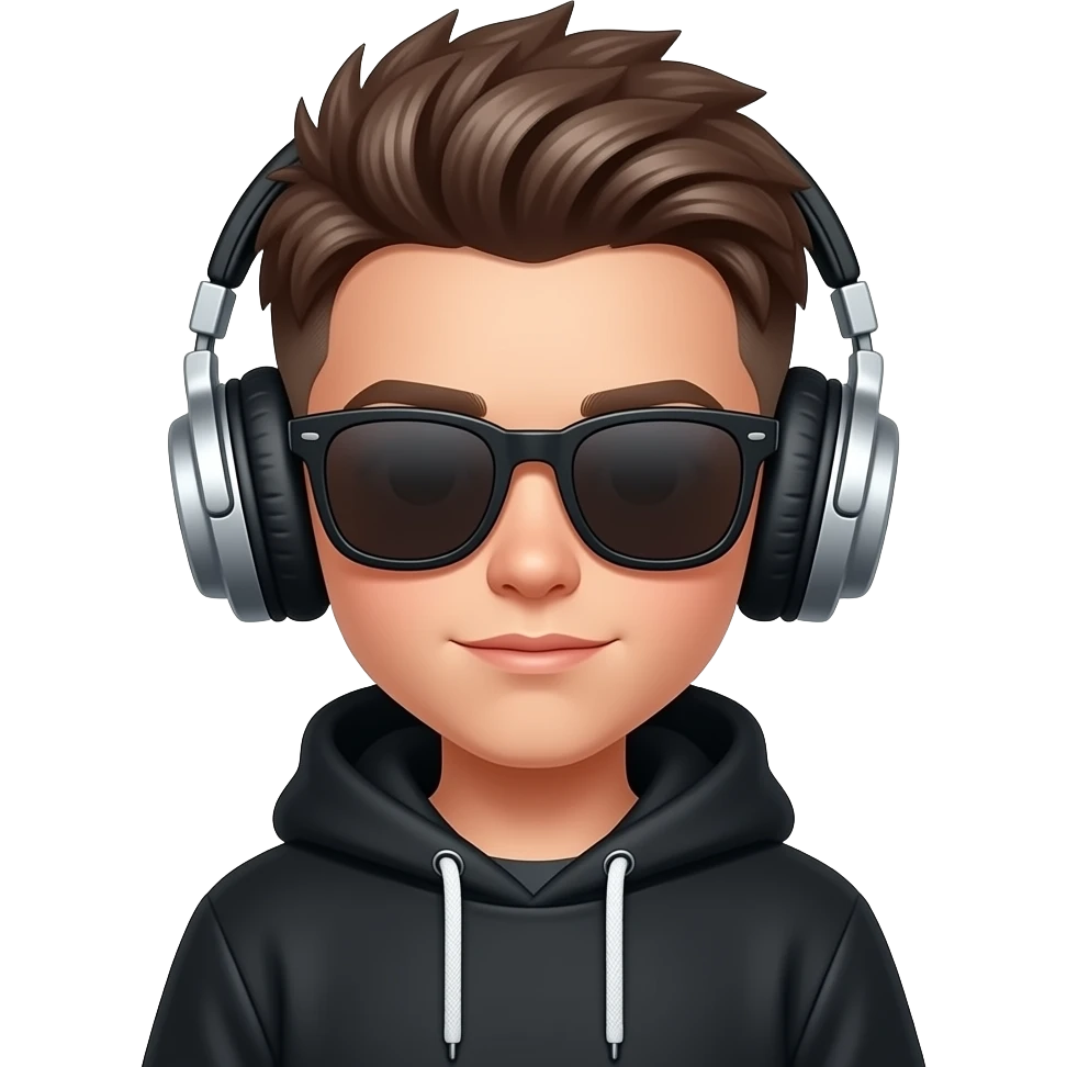 Chico joven con corte de moda audífonos sudadera negra y lentes oscuros q no se le vean sus ojos emoji