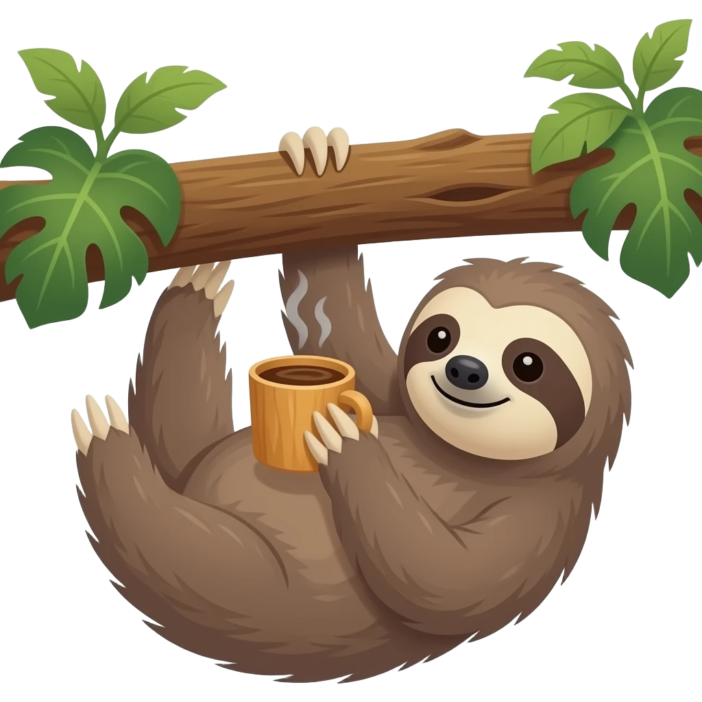 hanging sloth on big jungle tree branch drink coffee wooden cup hanging emoji