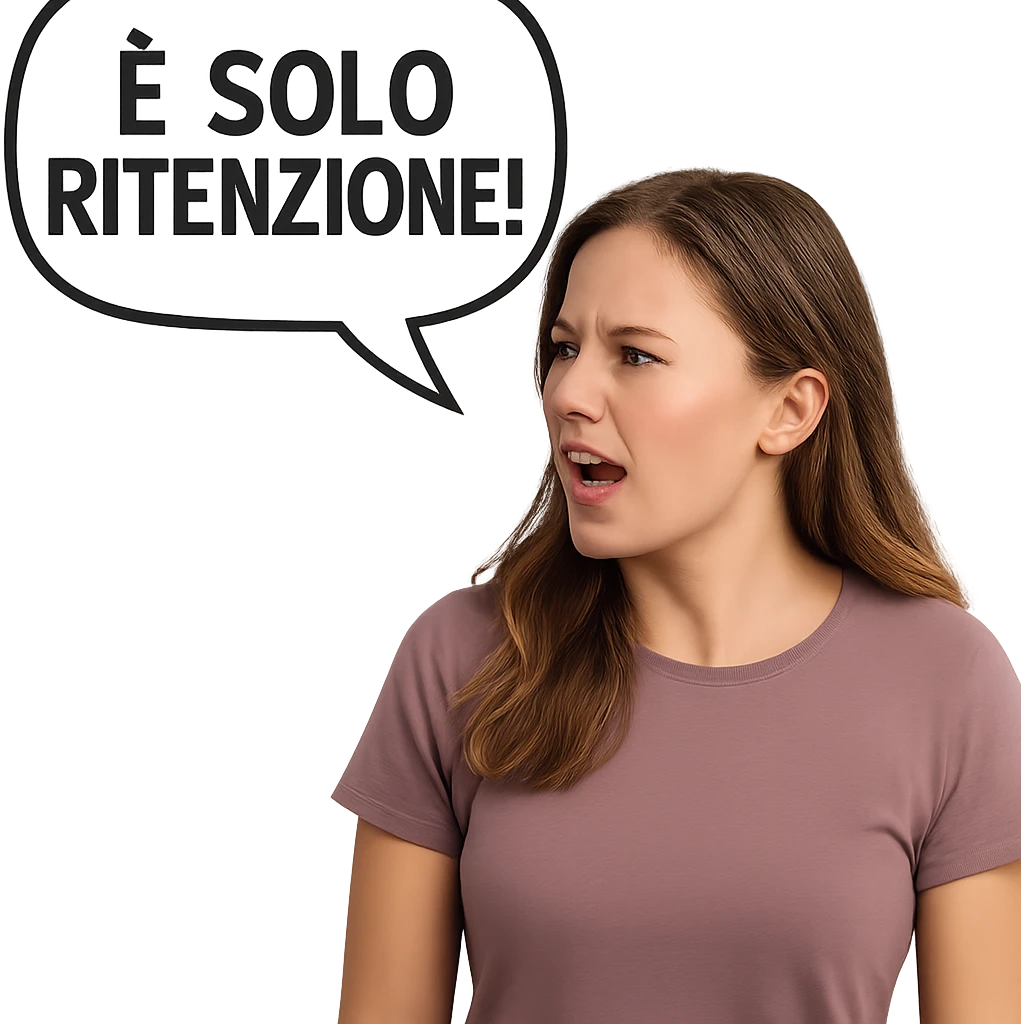 DONNA REALISTICA CHE DICE IN UN FUMETTO ALLA SUA SINISTRA: "è SOLO RITENZIONE!" emoji