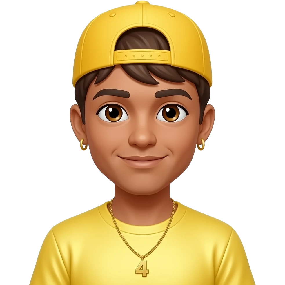 Aaron T from 4*Town with tan skin, brown eyes, chestnut brown hair, yellow cap, light yellow metallic t-shirt, gold necklace and short earrings emoji