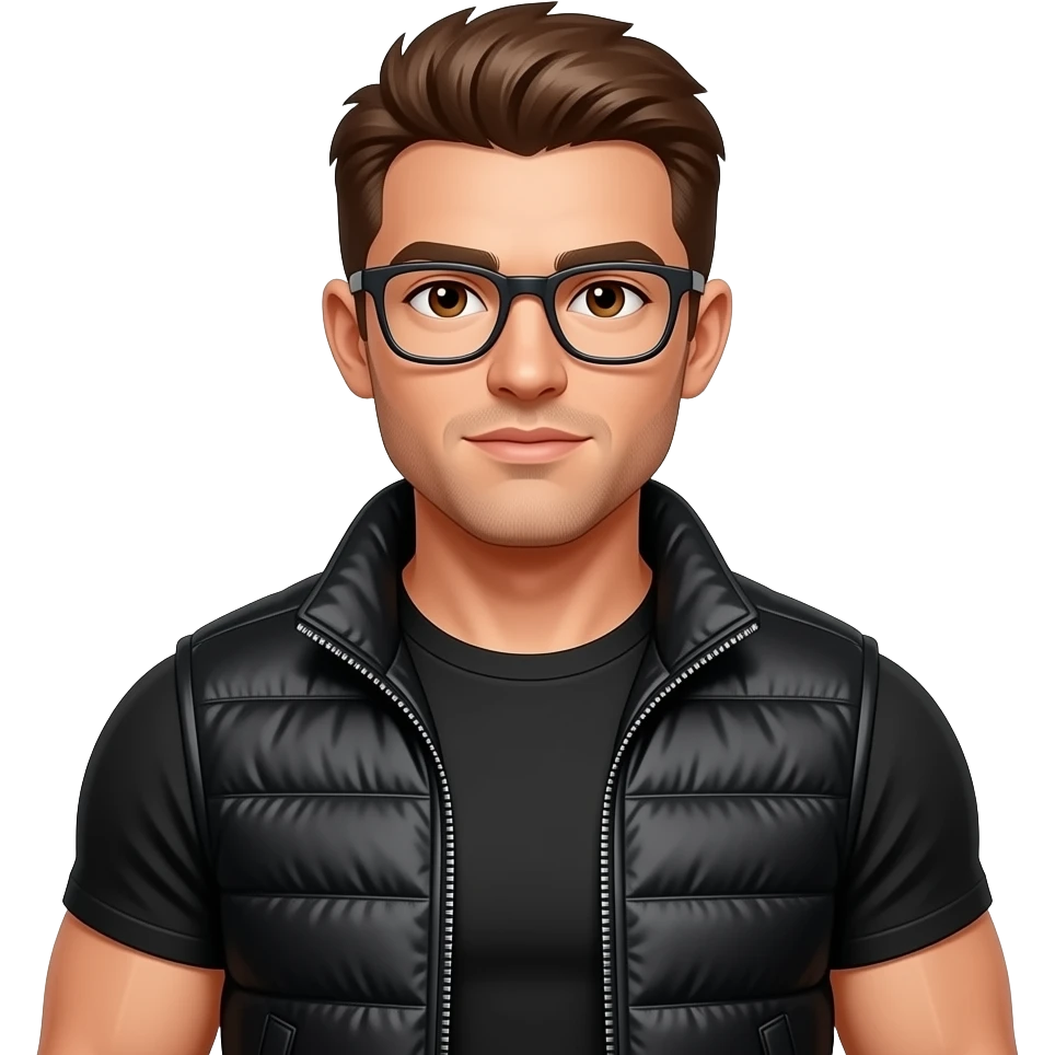 Brown hair, glasses, black gilet, brown eyes, black round neck t shirt, sporty, muscular emoji
