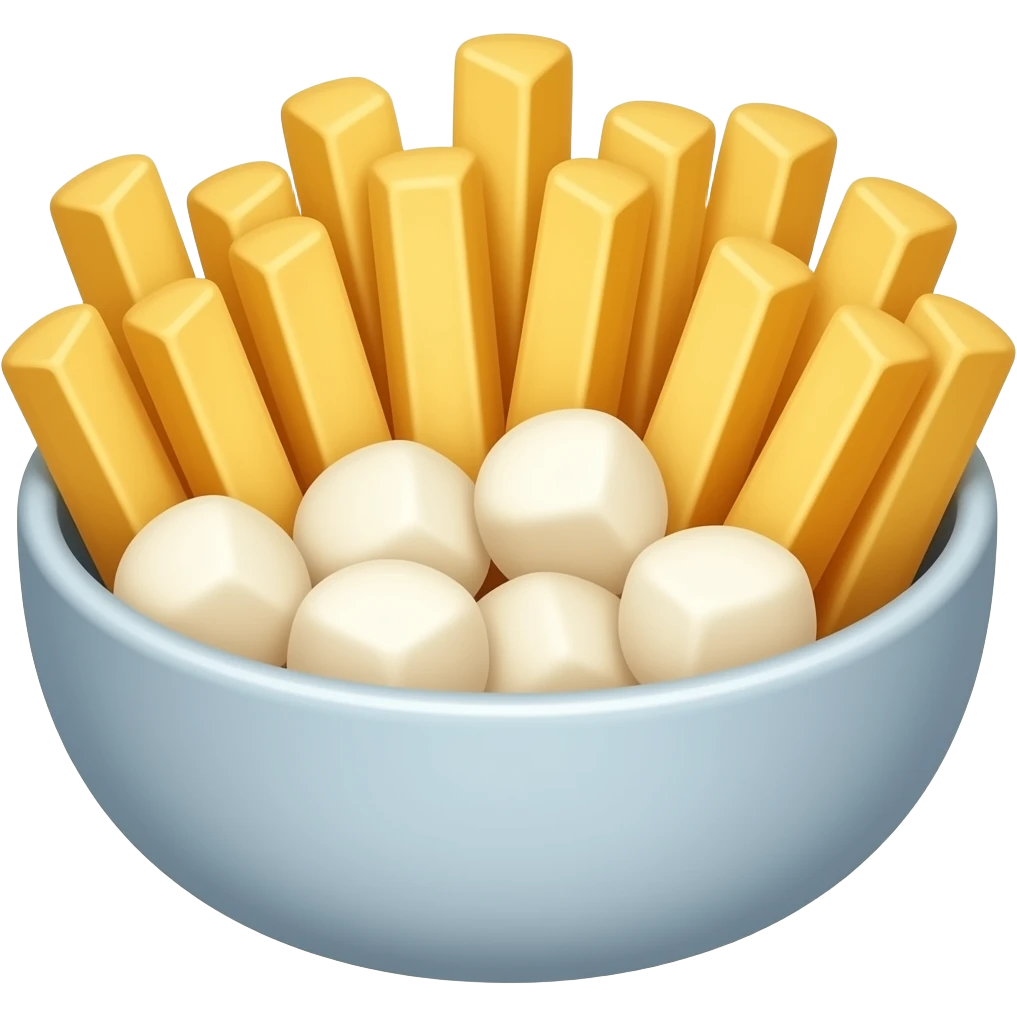 French fries in a bowl mixed with round white cheese curds emoji