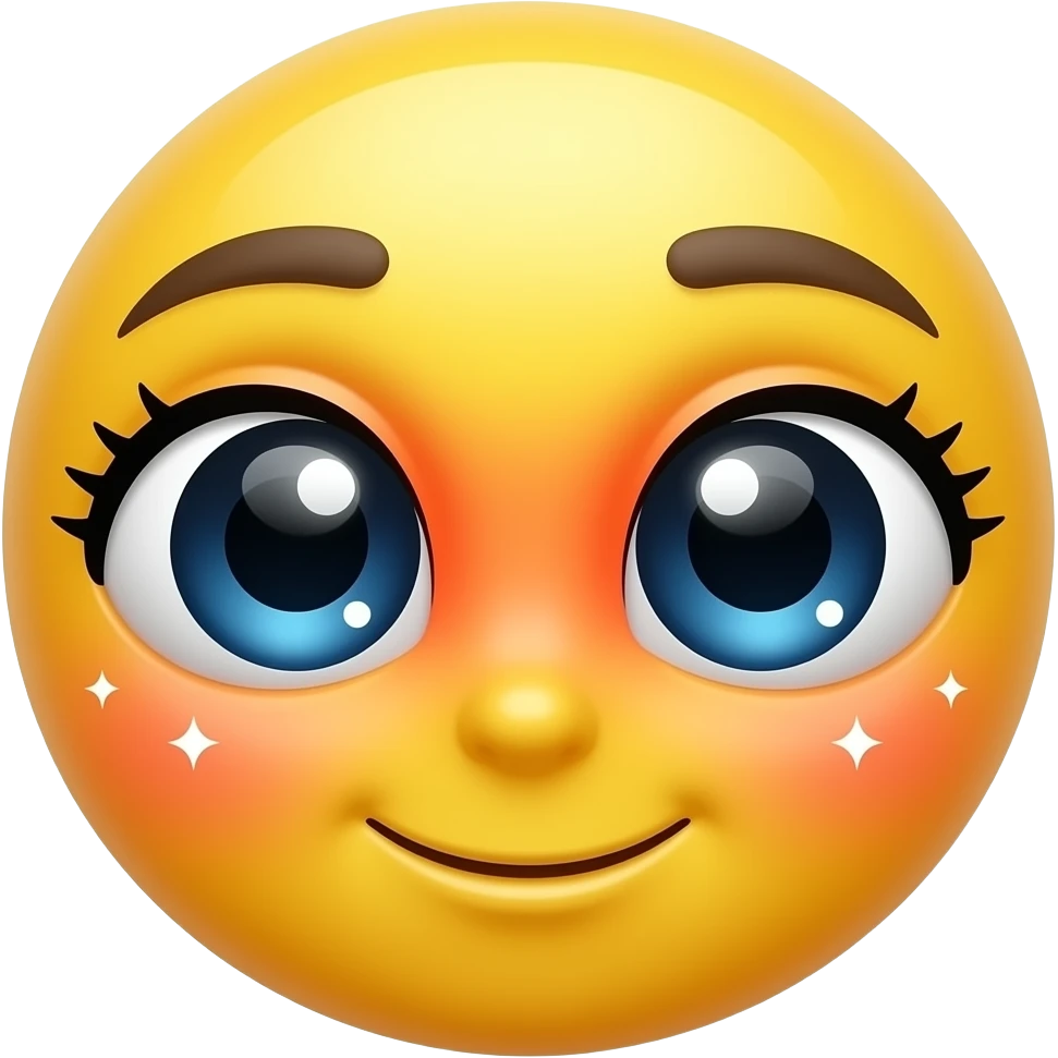Yellow circular emoji with massive, sparkling dark eyes. Inside each eye is a white heart-shaped highlight. The face has a heavy orange-red blush across the center and tiny white sparkles around the edges. No mouth is visible, focusing entirely on a bashful, adoring stare emoji
