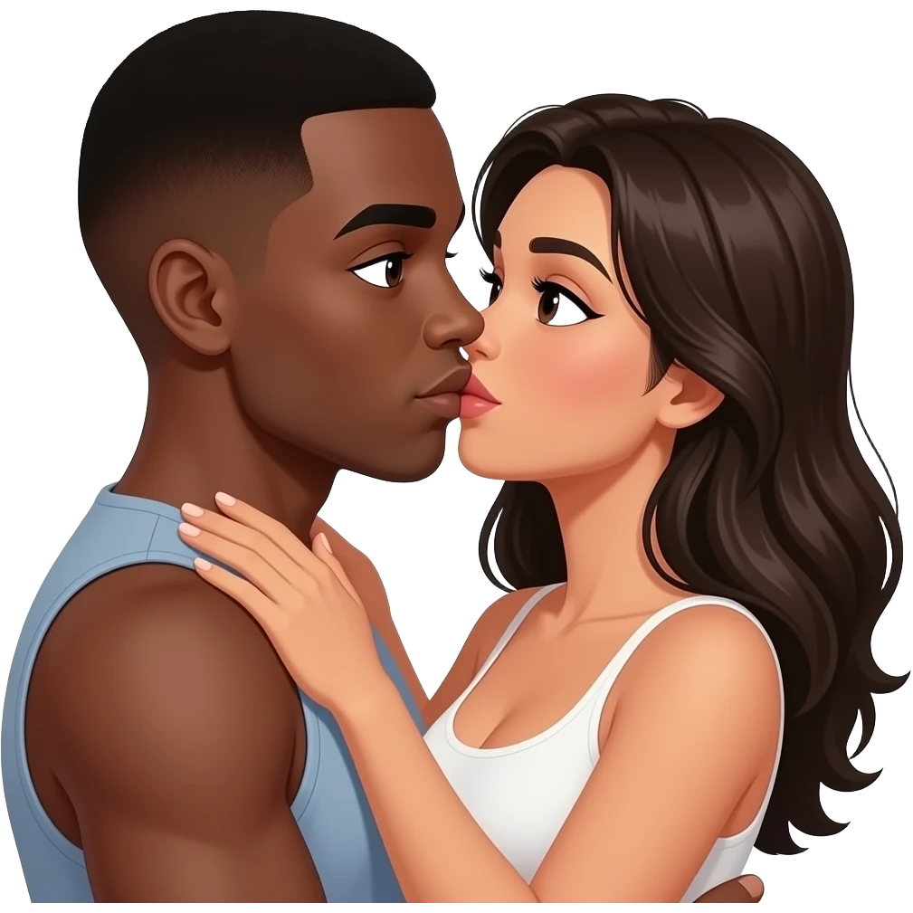 Black male with brown skin and short hair with a Columbian well built woman with look hair and pretty eyes. Having sex. emoji