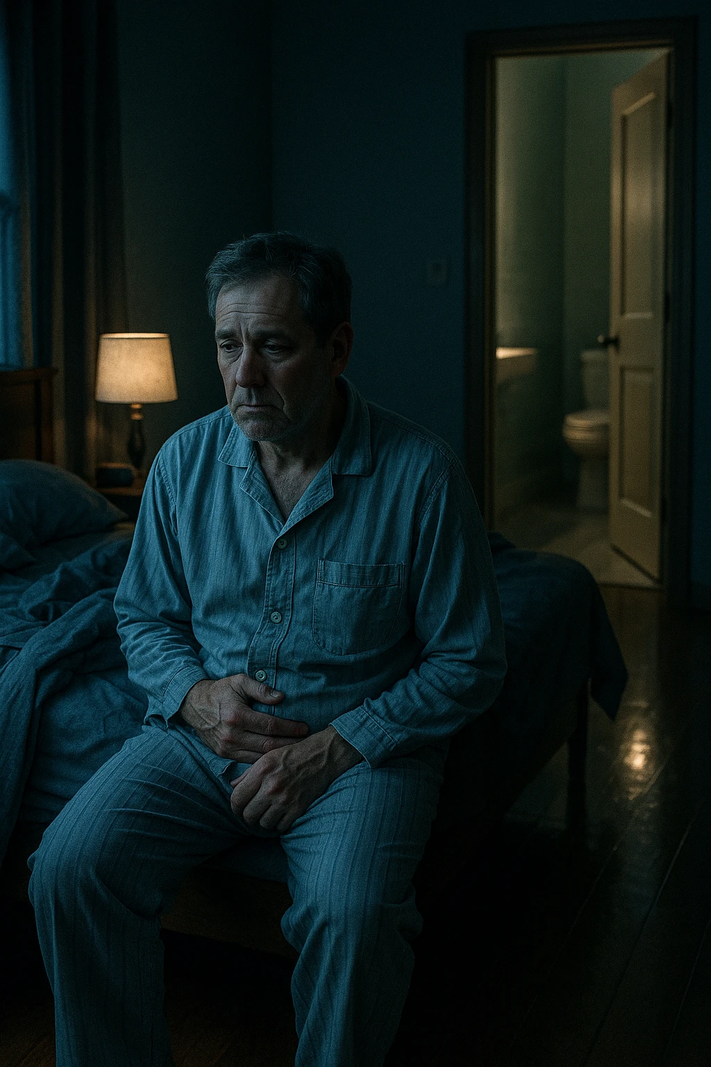 A nighttime scene inside a dimly lit bedroom. A man in his 50s sits stanco sul bordo del letto, con lo sguardo perso nel vuoto, mentre una luce fioca proviene dalla lampada sul comodino. Indossa un pigiama spiegazzato, e si tiene leggermente la zona bassa dell’addome. Dietro di lui, il letto è visibilmente disfatto, segno di sonno interrotto. Una porta socchiusa sullo sfondo mostra la luce accesa in bagno, con il pavimento riflettente che indica i numerosi passaggi notturni. Il tono è cupo ma realistico, con colori freddi, blu e grigi, e un leggero bagliore lunare che filtra dalla finestra. Stile: 35mm film, profondità emotiva, dettaglio ambientale. in italiano emoji