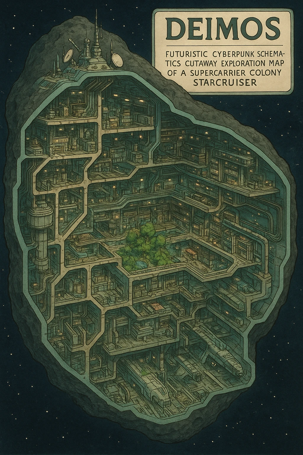 futuristic cyberpunk schematics cutaway exploration map of a supercarrier colony starcruiser, interstellar class, built within a monolithic asteoid - the Deimos emoji
