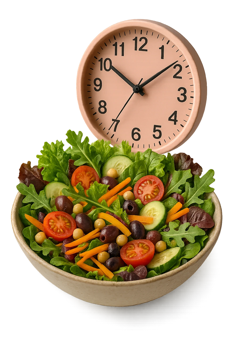 bowl con insalatona e orologio da muro rosa che le fluttua dietro che simboleggia una cena fatta in ritardo iperrealistici emoji