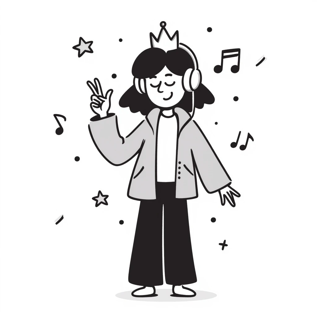classic kids coloring fun style, line art coloring page of a smiling girl with a crown, headphones, hip-hop jacket, sneakers, giving a big peace sign, surrounded by floating music notes and stars, pure line art only, no shading, no borders, no grayscale, no solid black fills, portrait 1024x1536 emoji