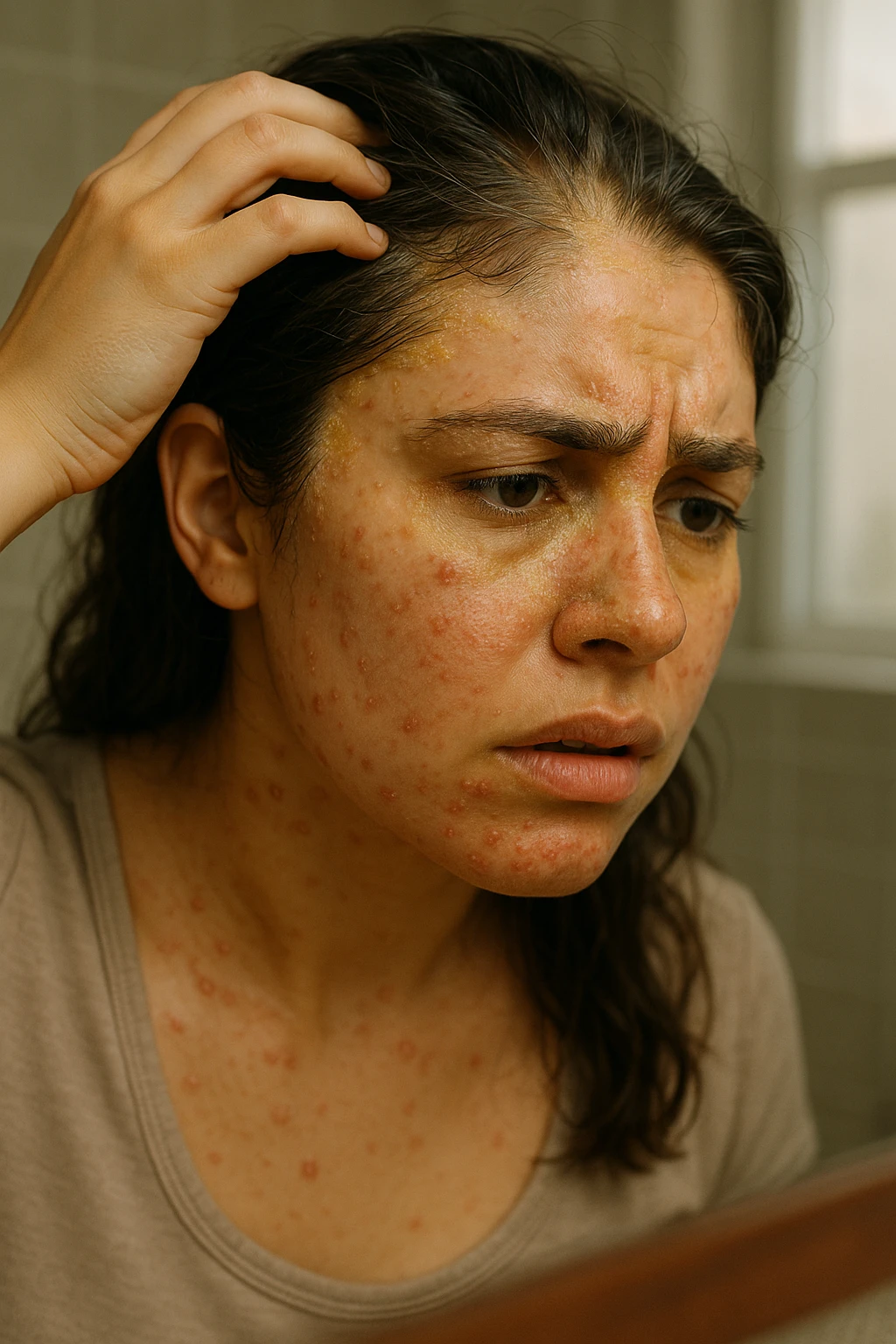 A highly realistic, cinematic close-up portrait of a young woman in her late 20s with medium skin tone, displaying visible folliculitis and seborrheic dermatitis. Small, red, inflamed follicular papules and pustules are scattered along her hairline, jawline, and upper neck, indicating folliculitis. Her scalp and areas around the nose and eyebrows show flaky, greasy yellowish scales, with redness and irritation, indicating seborrheic dermatitis. Her hair appears slightly greasy and clumps near the scalp, emphasizing excess sebum production. She gently touches her irritated scalp with concern while looking at herself in a softly lit bathroom mirror, expressing discomfort and frustration. The environment is neutral and clean, with daylight softly illuminating the scene to highlight the skin and scalp texture. The style is 35mm hyperrealistic, with warm neutral tones and shallow depth of field to maintain focus on her skin, inflammation, and emotional expression, visually explaining the physical discomfort and aesthetic concerns of living with folliculitis and seborrheic dermatitis emoji