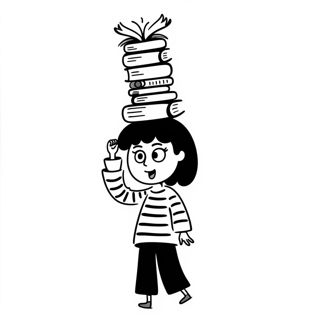 a person balancing a stack of books on their head, eyes wide and tongue out, playful doodle style emoji