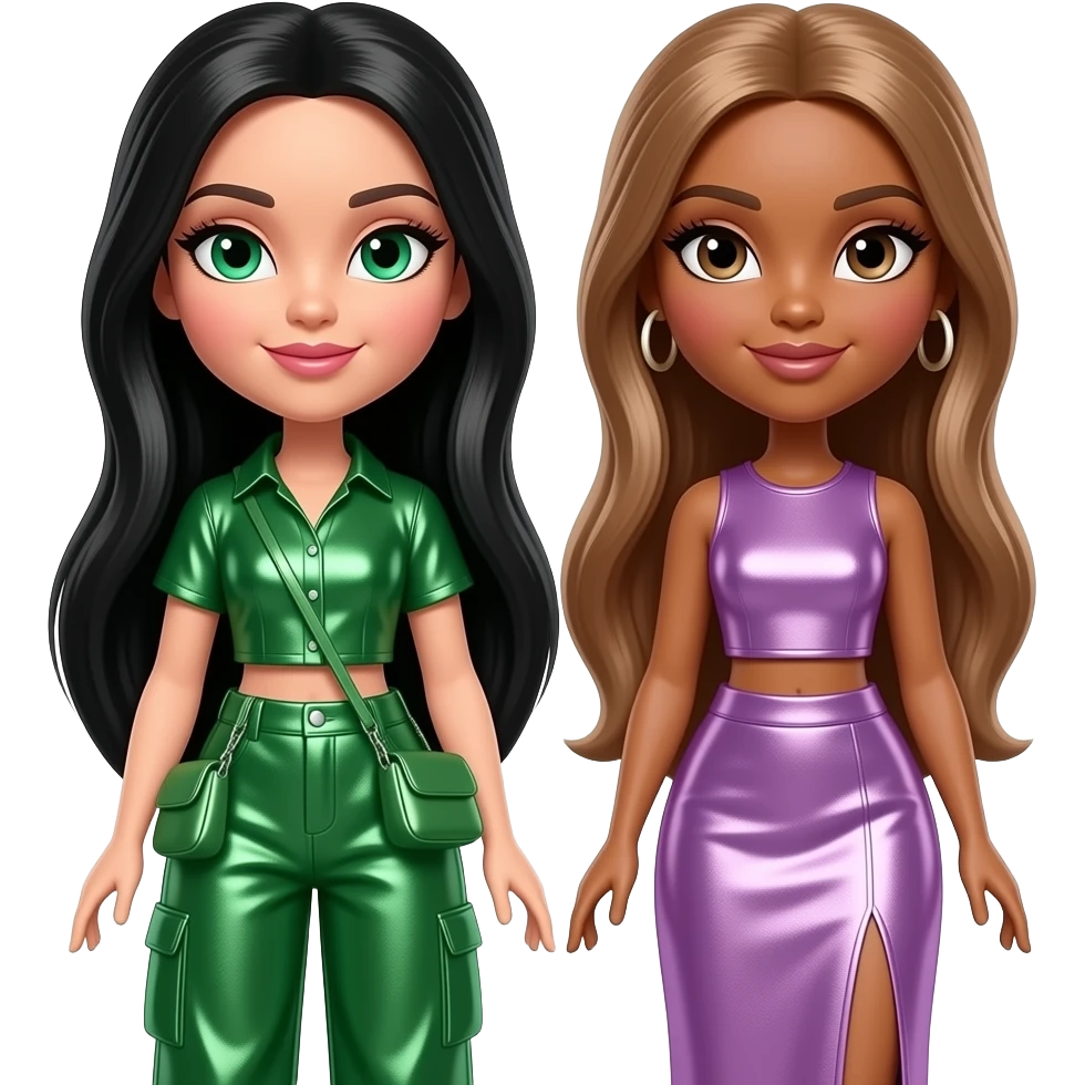Bratz with Jade with fair skin, green eyes, long black hair, green metallic shirt, green metallic baggy pants, Yasmin with brown eyes, long light brown hair, lilac metallic crop top and long skirt emoji