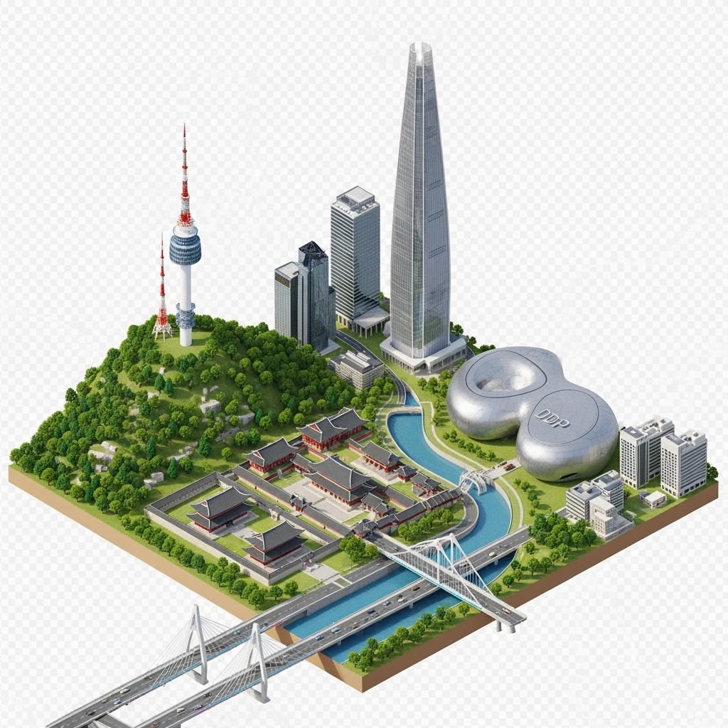 Isometric diorama of Seoul Namsan Seoul Tower, Gyeongbokgung Palace, Lotte World Tower, Dongdaemun Design Plaza, and Han River bridges, 3D miniature effect and Tilt Shift effect, no cartoonish look, transparent background. emoji