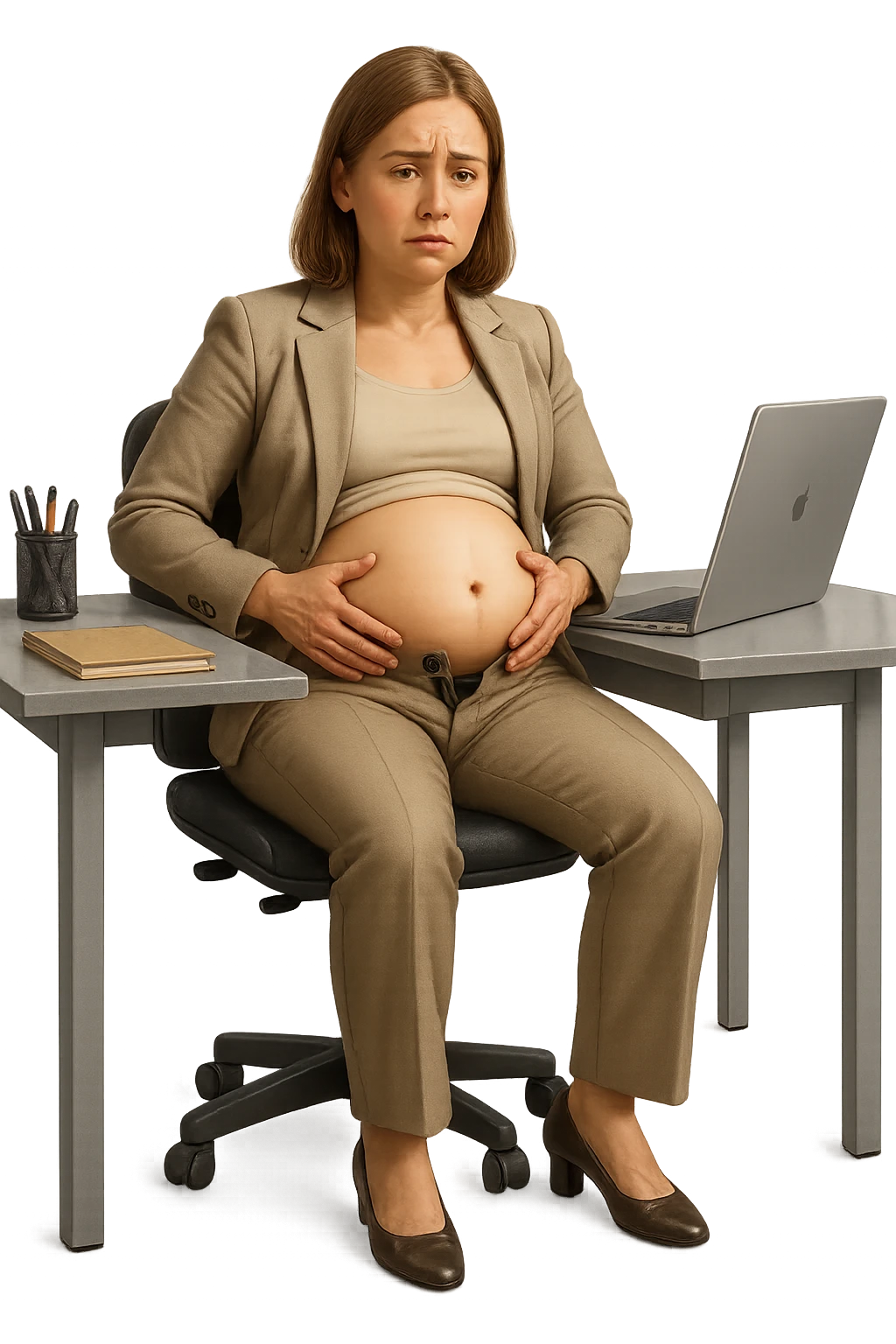 emoji stile iphone di una donna seduta alla scrivania dell'ufficio in completo elegante con i pantaloni sbottonati perché ha la pancia gonfia, falla a corpo intero, iperrealistico 4k emoji