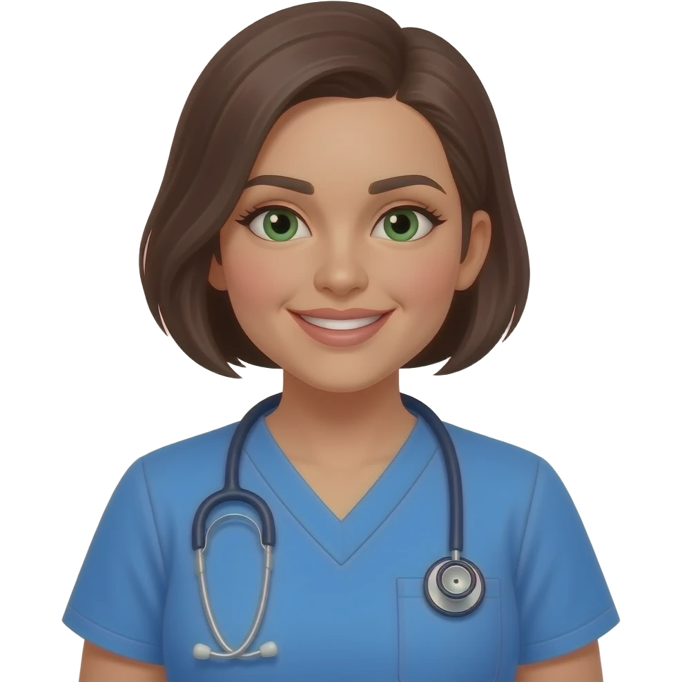456yr female nurse instructor, dark green eyes, Hispanic, thin eyebrows, mid size lips, short hair  with a shaved side, 180 pounds, smiling, small nose, wearing blue nurse scrubs, wears a stethoscope, brown hair with almost no white. emoji