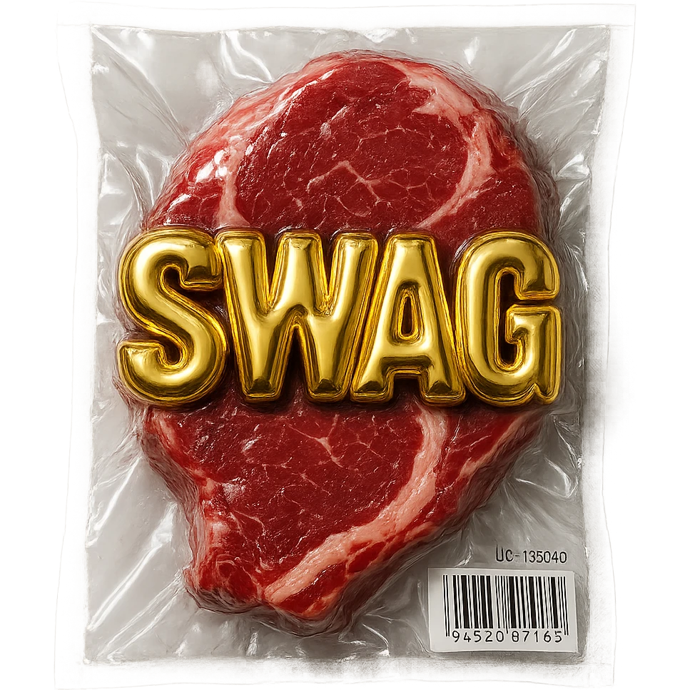 steak with gold block letters 'SWAG', shiny and inflated, vacuum-sealed style emoji