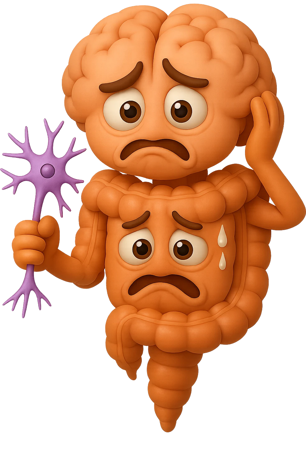 EMOJI STILE IPHONE DI UN INTESTINO collegato verticalmente ad un cervello mentre tiene in mano un neurone, espressione stressata, IPERREALISTICO 4K emoji