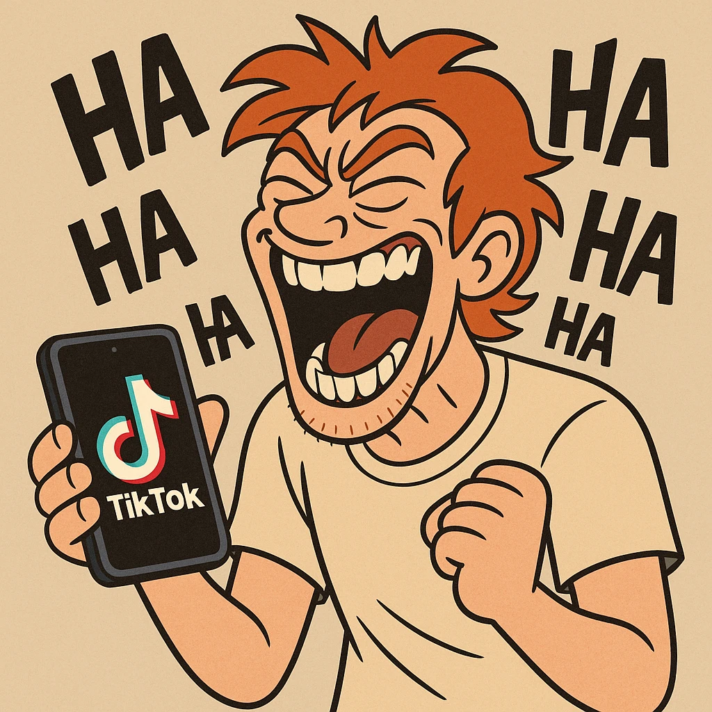 redhead with messy hair, laughing maniacally at a phone showing TikTok, vibrant and chaotic cartoon style emoji
