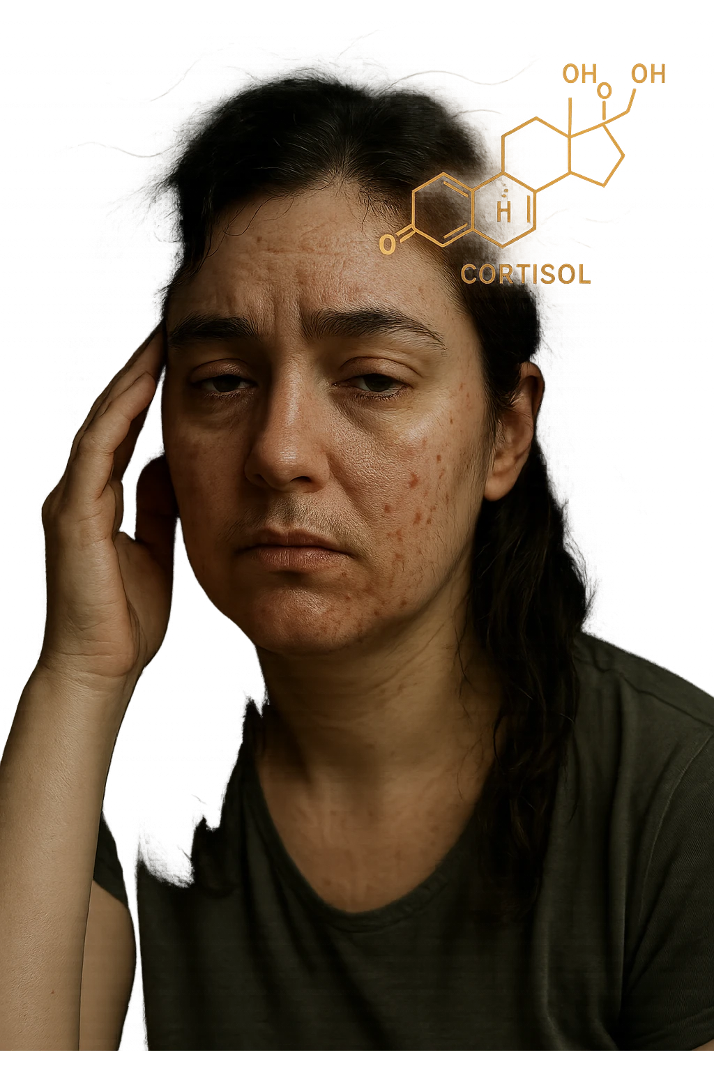 realistic and cinematic portrait of a woman with PCOS showing symptoms of stress, fatigue, insomnia, acne, hirsutism, irregular cycle, visual elements representing elevated cortisol hormone, no background, 2:3 aspect ratio emoji