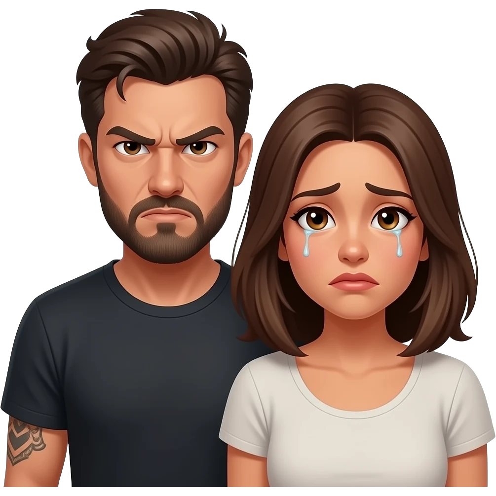 A really sad but angry because he found out she was cheating on him with a bald, headed red bearded guy, andthey are always arguingLatino couple man has a beard, medium hair and tattoos and his wife is beautiful with hazel eyes and shoulder length brown hair and their relationship is broken emoji