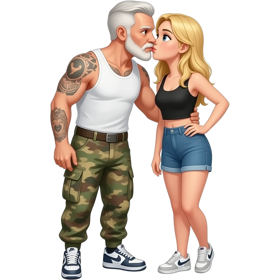 create an emoji of this man, older white man with brown eyes short hair wearing cargo army print pants nike air force shoes and white tank top with tattoos on his arm. Now, can you add a younger blonde hair blue eye girl kissing him emoji