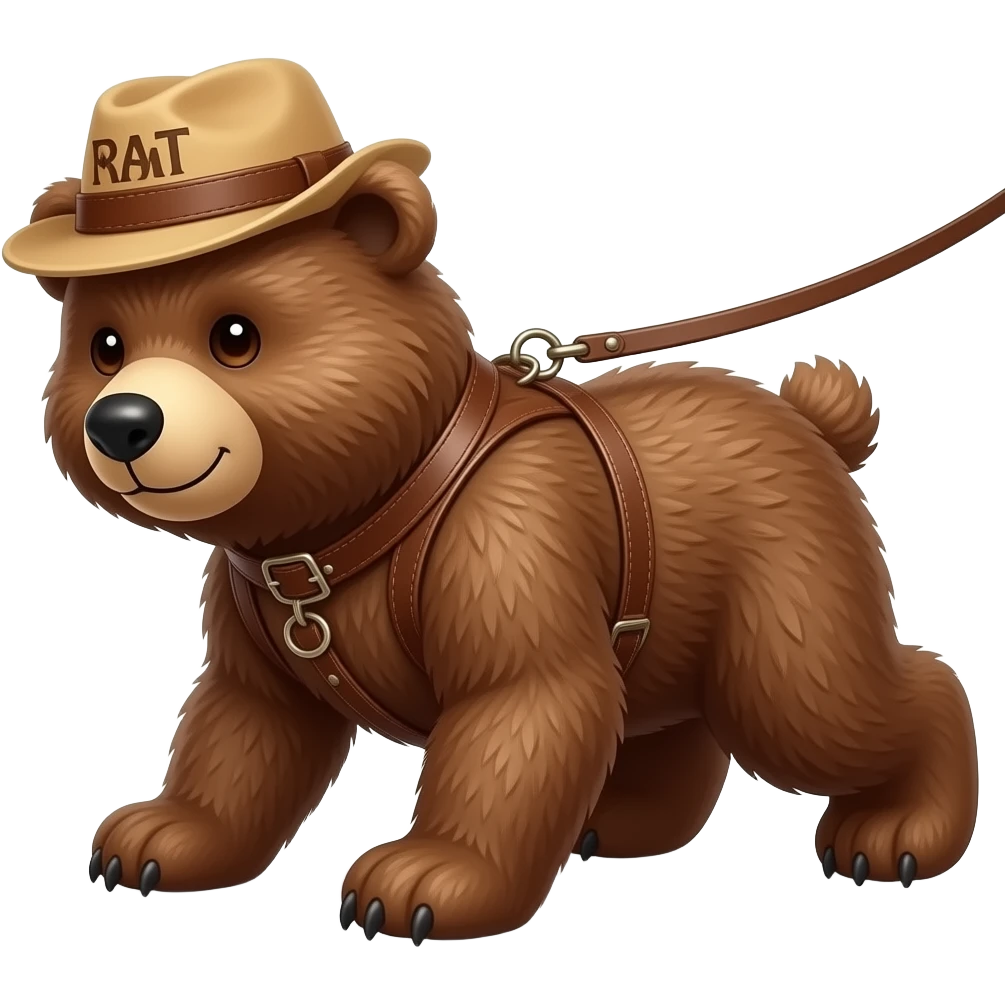 smokey the bear on all fours as a teddy bear being walked on a leash in a leather harness emoji