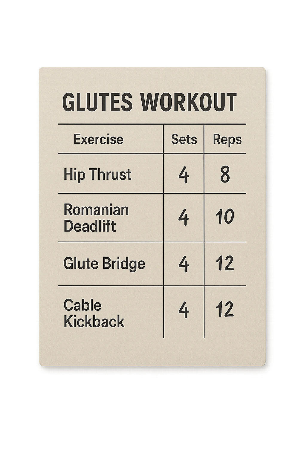 scheda di allenamento glutei con le reps scritte (tipo 4x8 ecc), iperrealistico 4k emoji
