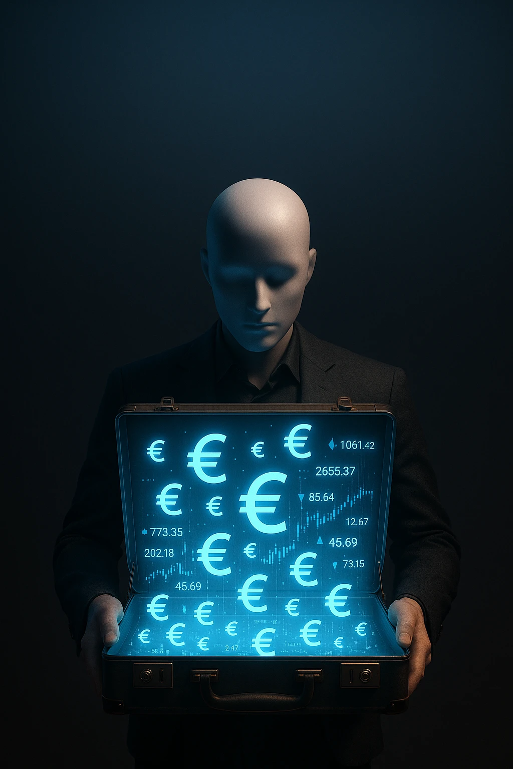 Faceless mannequin holding an open glowing briefcase filled with holographic euro signs and digital stock tickers. Large empty gradient background above for text. Strong cinematic lighting. emoji