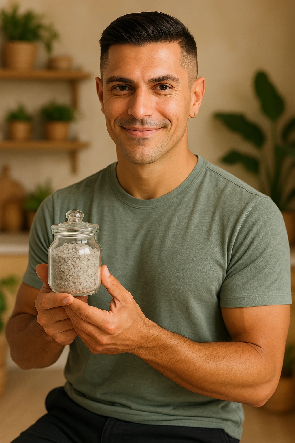 A man in his thirties with a healthy and aware appearance, holding a small glass container with moist gray Celtic salt. He has a proud look and a slight smile, showing the salt as a precious element for health. The background is a natural kitchen or holistic environment with warm natural light, creating a wellness atmosphere. Realistic detail of the salt crystals. Inspired by the face in the reference photo. emoji