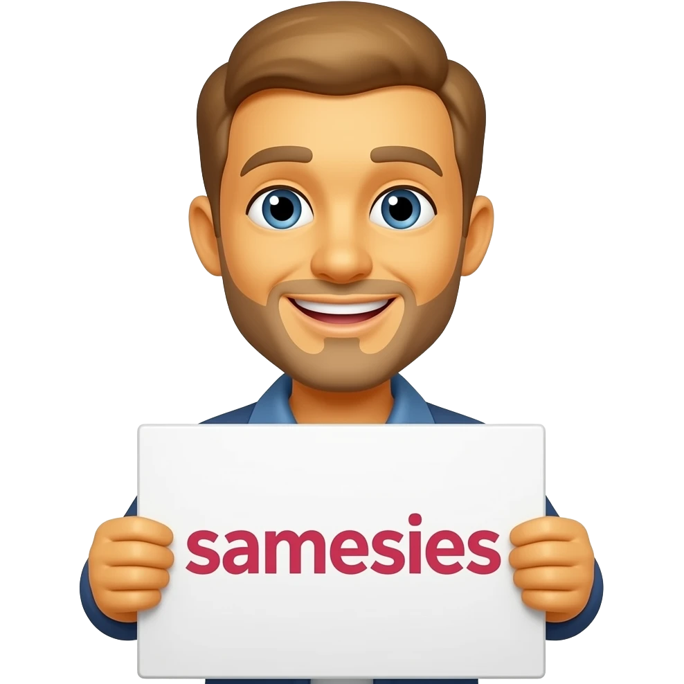 Yellow smiley face holding up a sign that says "samesies emoji