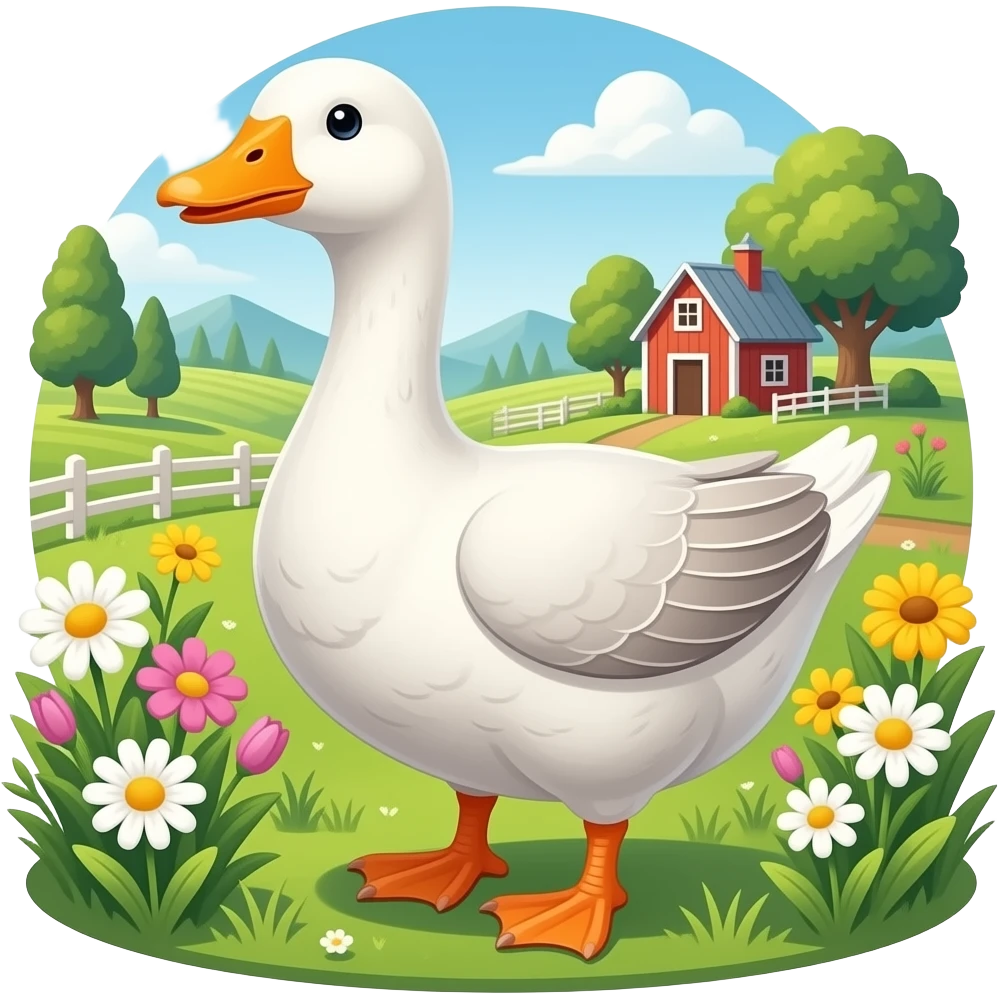 a happy goose on a farm with flowers emoji
