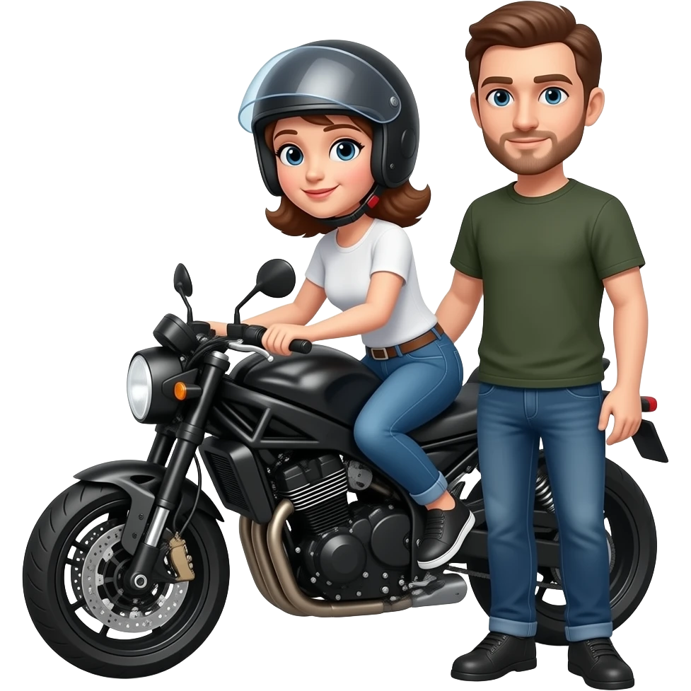 me and my bf in a mota, eu com cabelo castanho e ele sem barba e eu com capacete também emoji