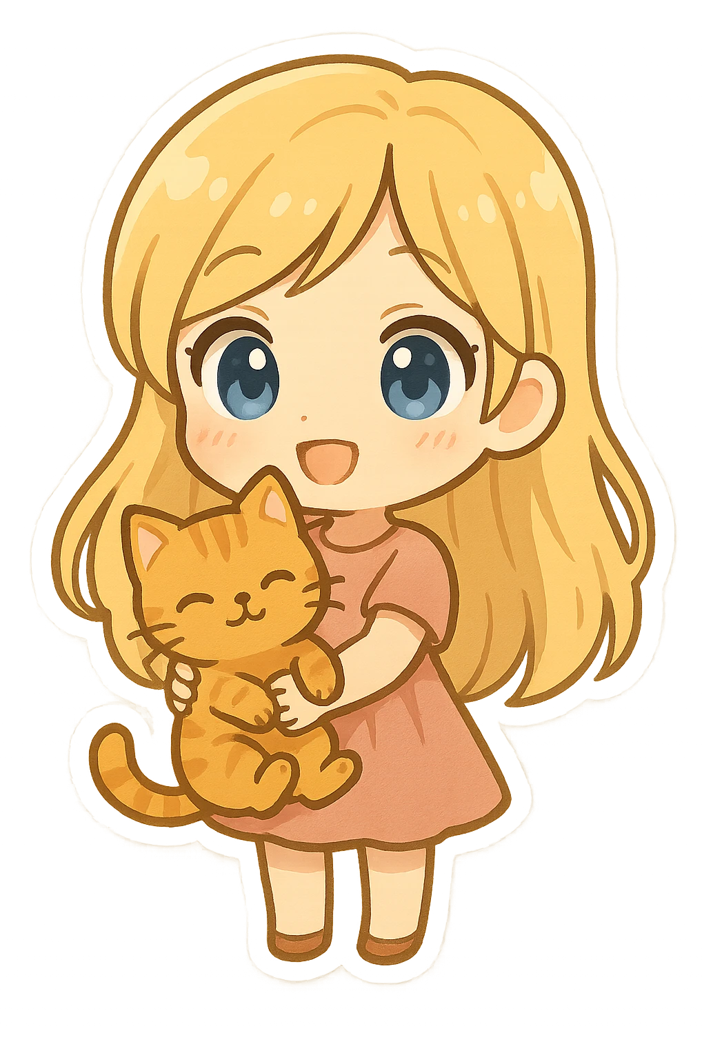 blonde girl with blue eyes holding an orange tabby cat, simple and cute emoji