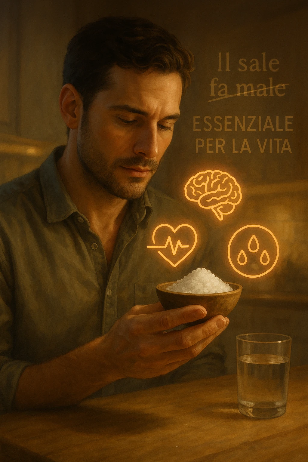 A realistic, cinematic illustration of a man in his early 30s holding a small bowl of unrefined sea salt in his hand, looking at it with awareness and respect. Around him, glowing minimalistic symbols of a beating heart, a brain, and hydrated cells appear, indicating the essential role of sodium in hydration, nerve conduction, and overall cellular health. In the background, faint text or floating words show the false myths: ‘Il sale fa male’, crossed out gently, while the phrase ‘Essenziale per la vita’ glows softly. The setting is a warm, softly lit kitchen with a glass of water nearby, emphasizing balance. The color palette is warm, natural, and calming, emphasizing that salt, when used consciously, is vital for human health, against common misconceptions demonizing it. emoji