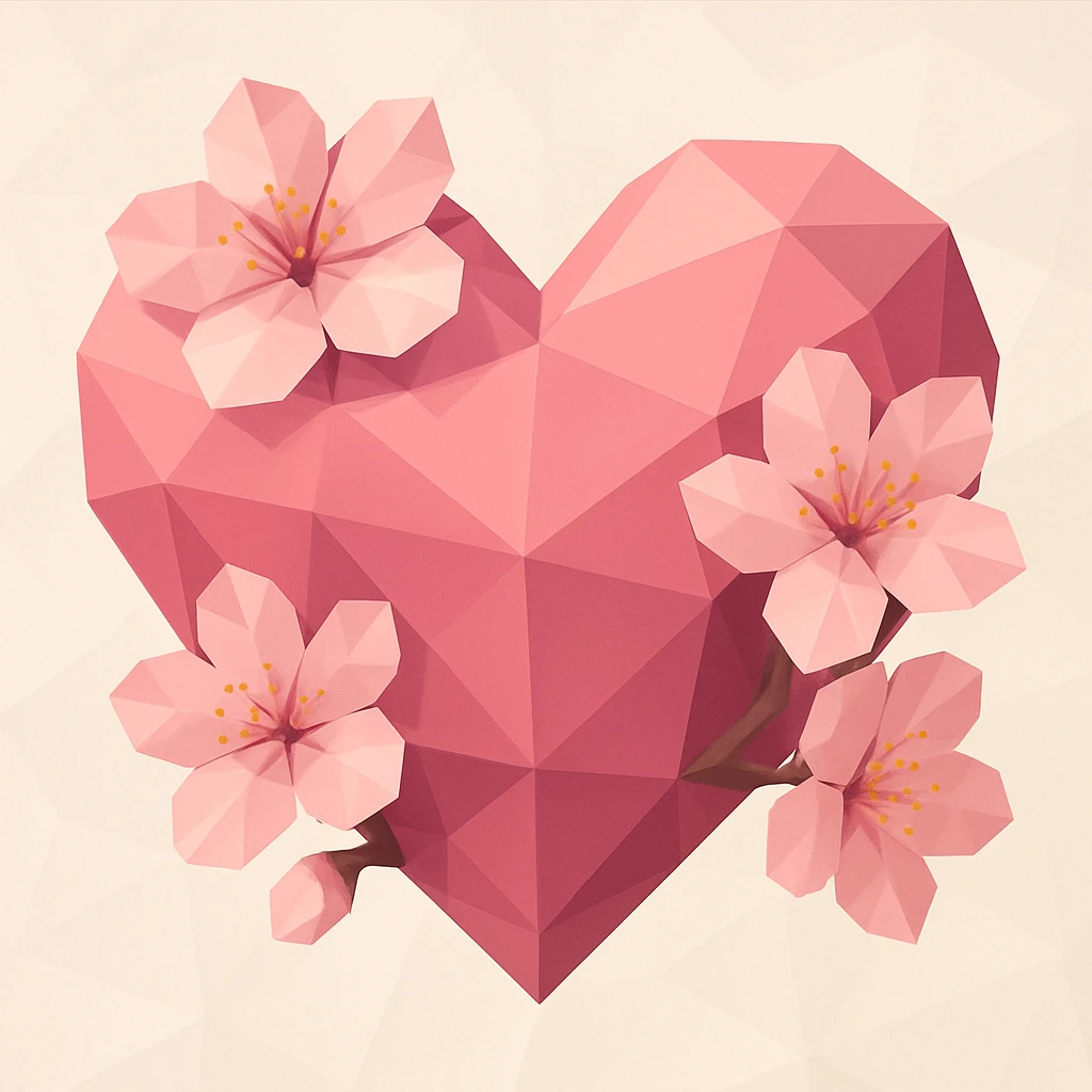 pink heart with sakura flowers, polygonal style emoji