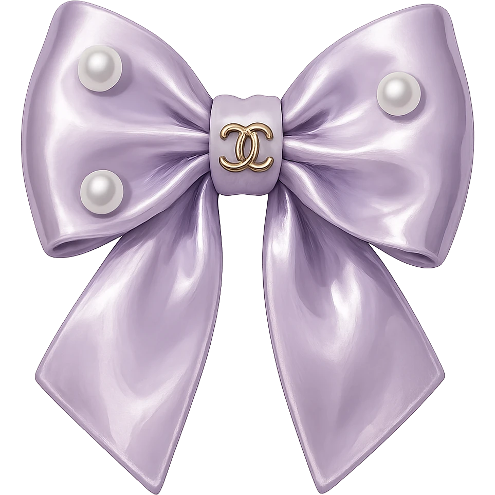 Remove the background, keep only the elegant bow with pearls and gold Chanel logo, glossy, pastel colors, realistic style, with no background. purple emoji