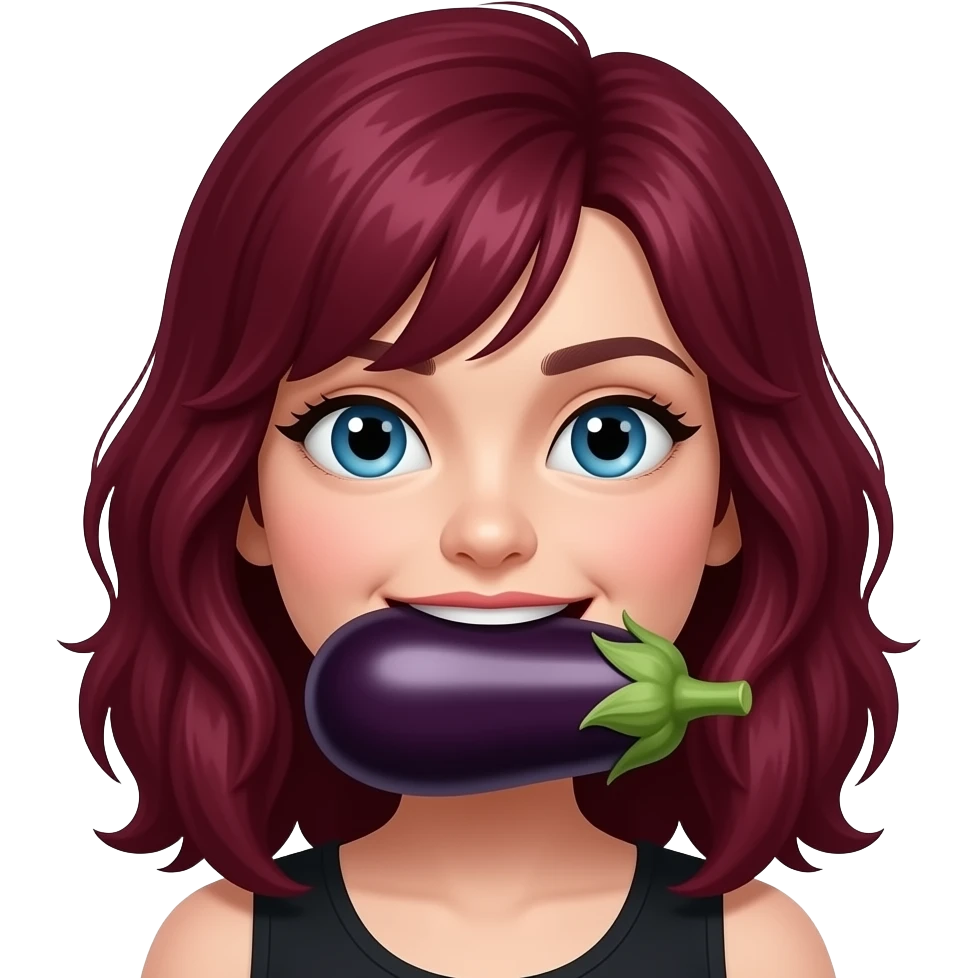 Girl with dark red hair with aubergine in her mouth emoji