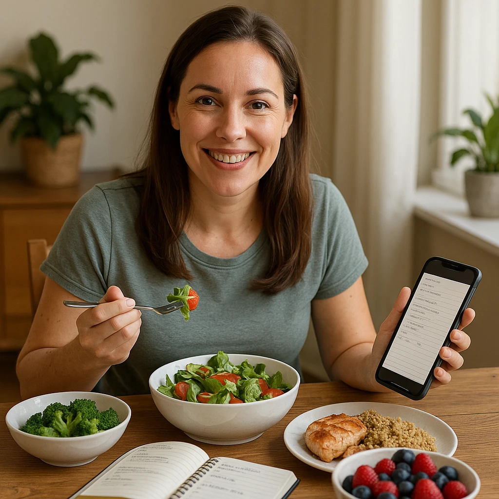 hyper realistic woman following a personalized diet based on her tastes and organizational commitments, healthy and satisfied appearance, positive atmosphere, realistic details, scene with varied food and visible agenda or smartphone emoji