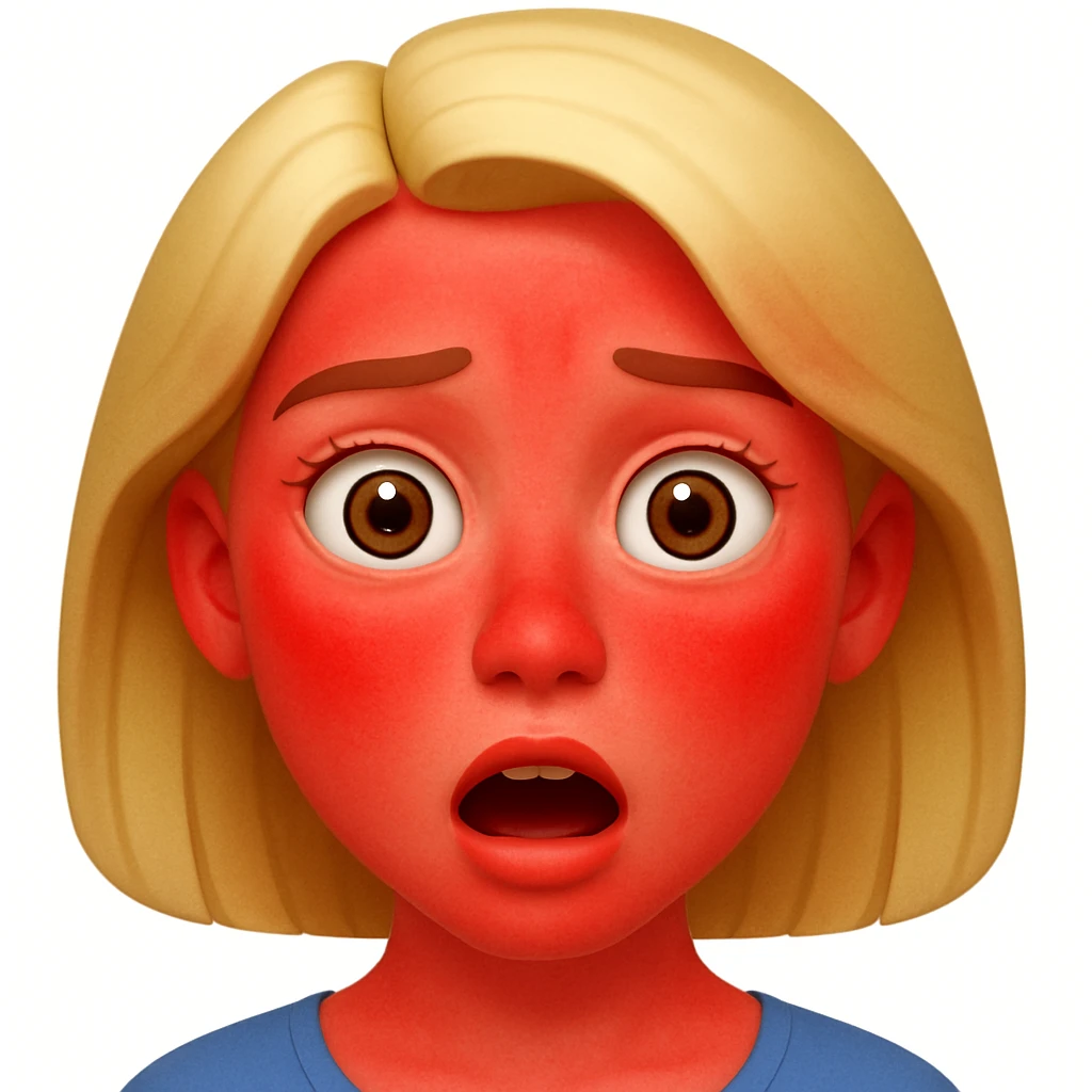 Make the face look sunburned with red cheeks, nose, and forehead, as if she got too much sun. Keep the style and expression the same as the original image. emoji