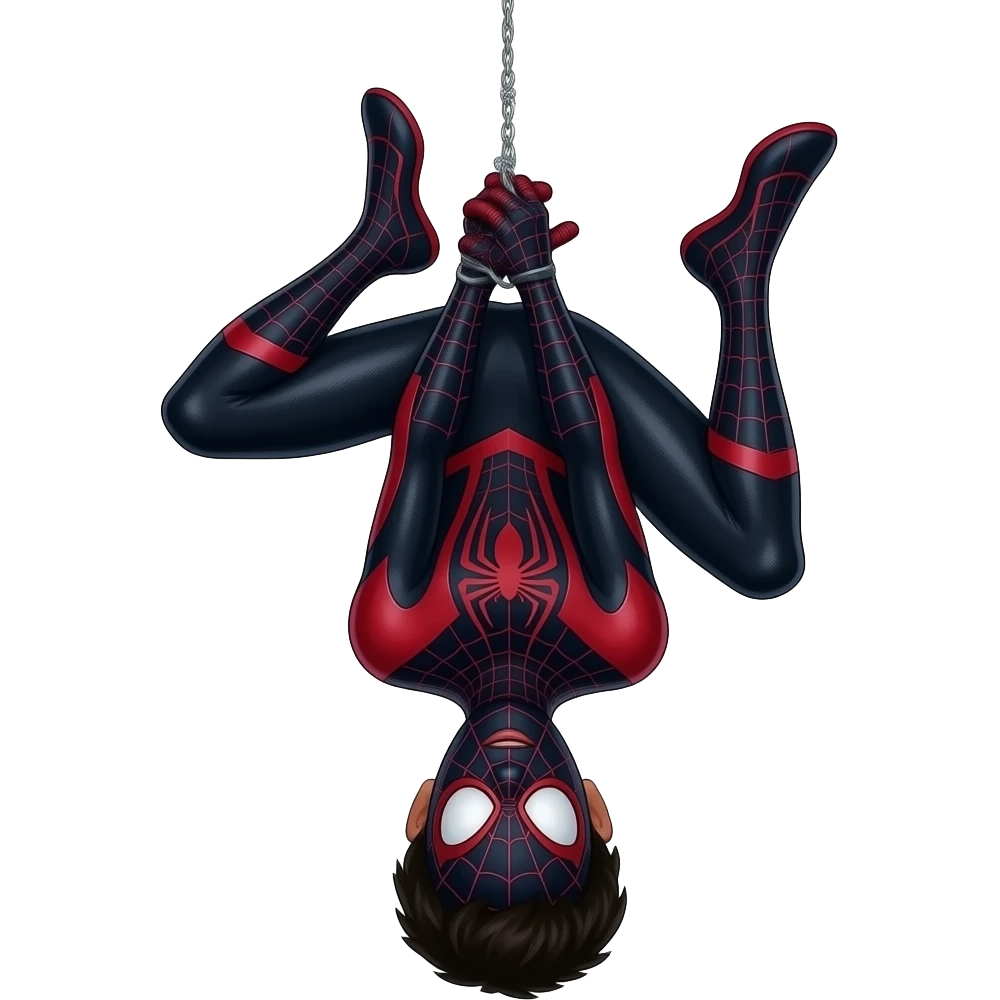Spiderman miles morales wearing his mask too in his black and red suit without hair hanging upside-down through web string emoji