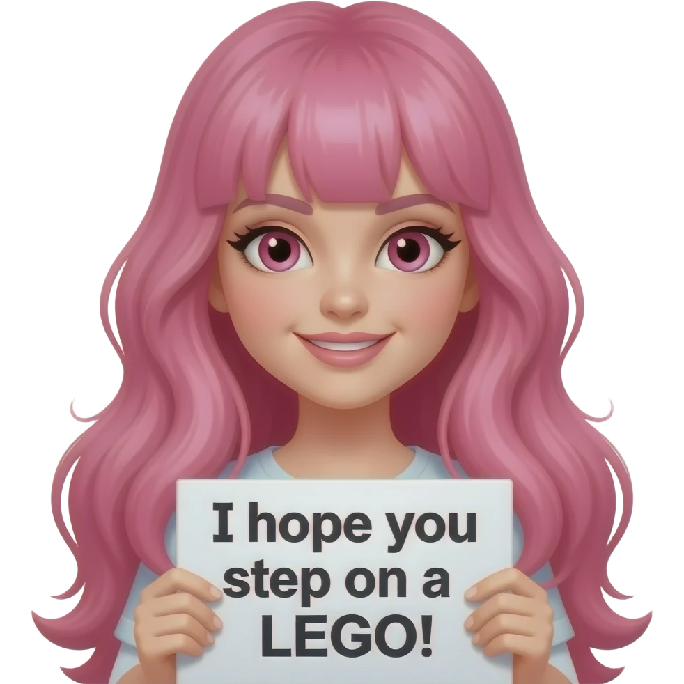 sexy girl with long pink hair and pink eyes holding a I hope you step on a LEGO! sign emoji