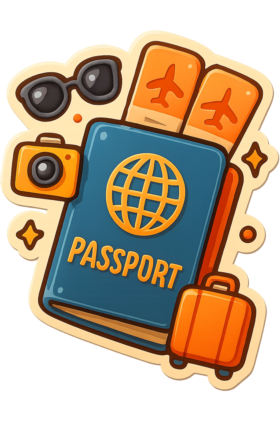 playful retro sticker-style illustration of a passport with two airline tickets sticking out, surrounded by small travel icons like camera, sunglasses, suitcase, bold outlines, smooth forms, glossy expressive highlights emoji