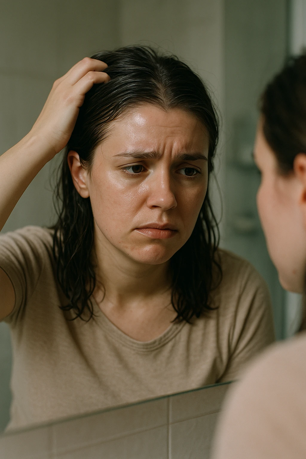 A realistic, cinematic portrait of a young woman in her late 20s sitting in front of a mirror, visibly frustrated. Her skin appears oily with a shiny forehead and cheeks, while her dark hair looks greasy and clumped, suggesting excessive sebum production. She lightly touches her scalp with concern while observing her reflection. Her expression is a mix of exhaustion and discomfort, emphasizing the emotional burden of these symptoms. The bathroom setting is softly lit with neutral daylight, reflecting a realistic environment. Subtle details such as small acne spots on the jawline and chin highlight androgen-related PCOS symptoms. Style: clean, detailed, 35mm realism with soft depth of field to keep focus on her expression and the greasy hair texture, while the background remains minimal to maintain emotional impact emoji