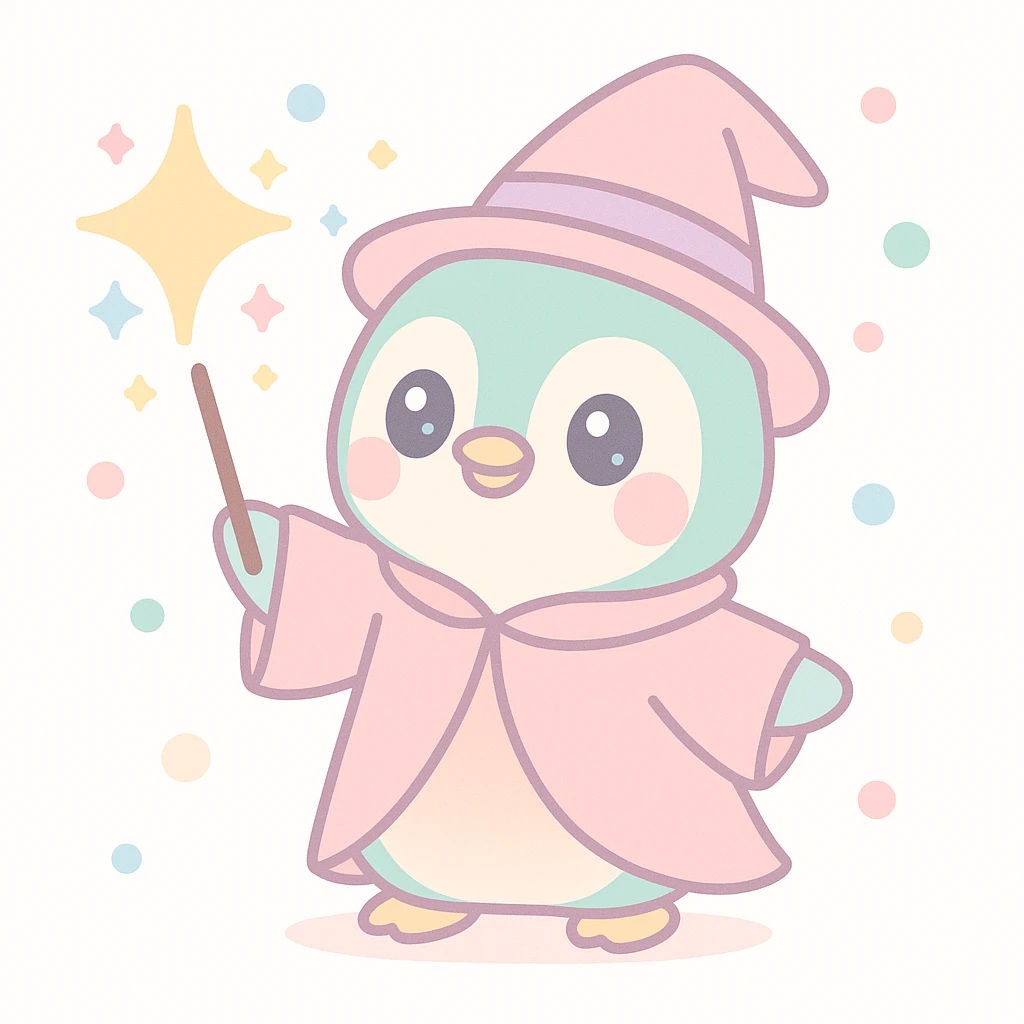 a cute penguin wizard casting a spell, wearing a robe and holding a wand, magical sparkles around emoji