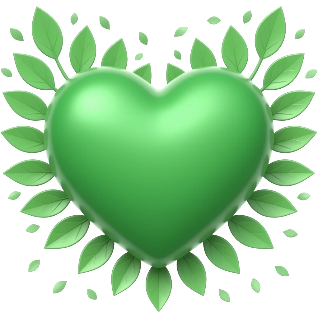 3D green heart surrounded with leaves (The Green Party style leaves), Hex Code colour: 00643b. Add a paler green reflection to the corner of the heart. Make it show success, hope, love, and unity emoji